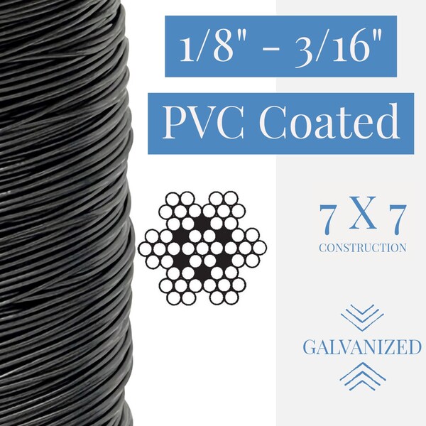 1/8 To 3/16 PVC Coated Black Color Galvanized Cable 7x7 Strand Aircraft Cable Wire Rope, 100 Ft